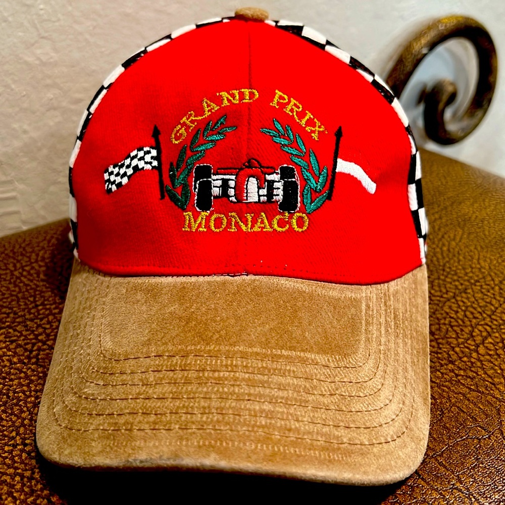 Vintage F1 Grand Prix Monaco Monte-Carlo Red Race Cap 100% Cotton& Leather Visor